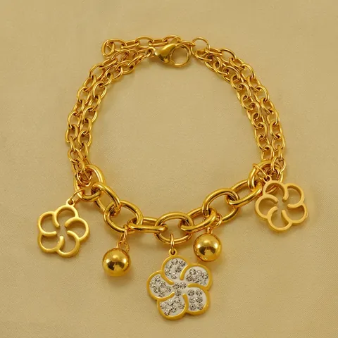 Holle Bloem Armband 18K Verguld Roestvrij Staal Dubbellaagse Ketting Met Kristallen Strass Elegante Sieraden Cadeau Voor Vrouwen
