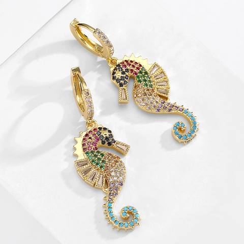 Pendientes De Aro De Caballito De Mar Cobre Chapado En Oro De 18K Con Circonitas Coloridas Joyería Mujeres
