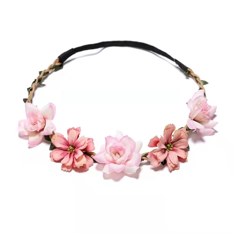 Floral Wreath Headband Artificial Satin Flower Garland Forest Style Elastic Hair Band For Wedding Beach Vacation Party Women