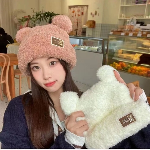Berretto Beanie Orecchie D'orso Carino Peluche Pile Spesso Caldo Inverno Antivento Stile Kawaii Donne Ragazze
