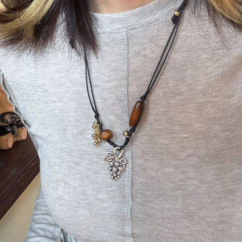 Grape Pendant Necklace Alloy Rhinestone Wood Beads Bohemian Vintage Retro Adjustable Black Wax Rope Women Jewelry