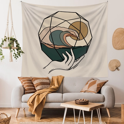 Arazzo Da Parete Boemo Tessuto Poliestere Geometrico Oceano Sole Arte Moderna Decorazione Della Stanza Coperta Estetica