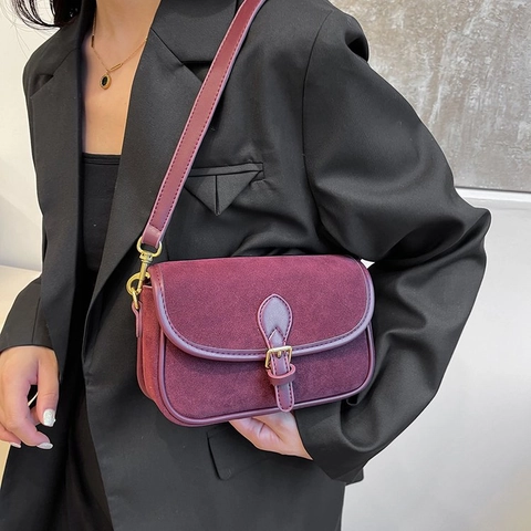 Vintage Damen Mattierte Wildleder Satteltasche Retro Achsel Schulter Umhängetasche Mit Metallschnalle Herbst Winter Accessoire