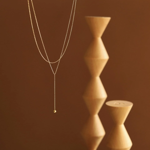 Minimalist Double Layer Y-Shape Necklace Stainless Steel 18K Gold Plated Round Ball Pendant Tassel Jewelry For Women