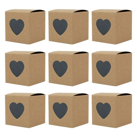 Heart Shaped Window Gift Packaging Kraft Paper Candy Containers For Wedding Party Favors Small Cube Cases