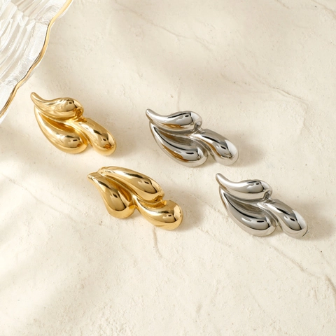 Polished Water Drop Stud Earrings Stainless Steel With Brass Earring Post Abstract Leaf Design Elegant Fashion Jewelry Women