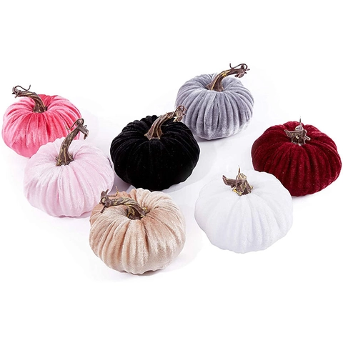 Artificial Pumpkins Decoration Velvet Fabric Foam Mini Harvest Thanksgiving Halloween Home Decor Plaid Soft Prop Art