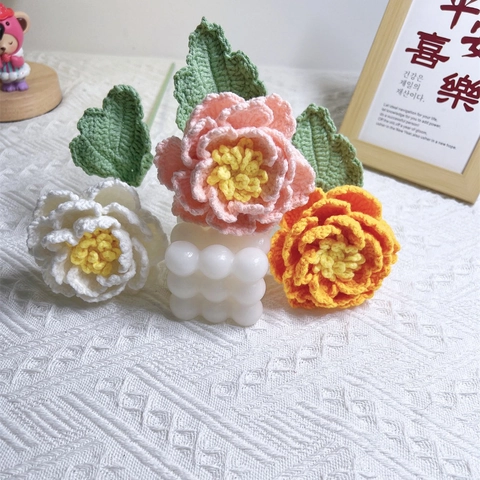 Handgefertigte Gehäkelte Gestrickte Pfingstrose Blume Garn Künstliche Florale Kreative Wohndekor Geschenk Schreibtisch Ornament