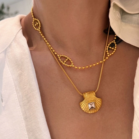 Collana A Strati Pendente Conchiglia Placcato Oro 18K Acciaio Inossidabile Zircone Catena Serpente Retro Donne