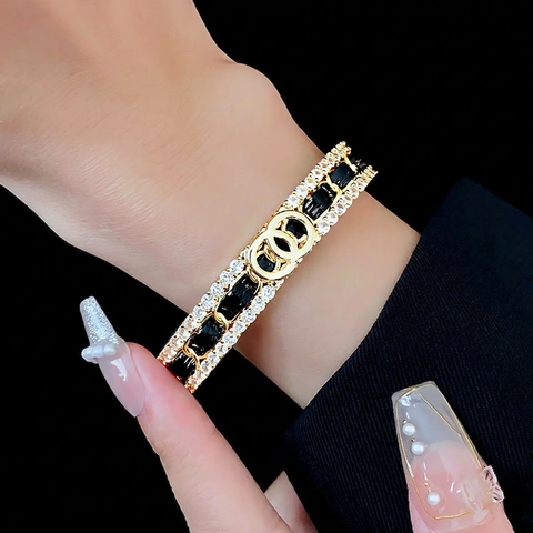 Real Gold Plated Zircon Double Ring Leather Open Bracelet Personality Fashion Bracelet Earrings
