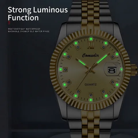 Montre Quartz De Luxe Couple Bracelet En Alliage Bicolore Lumineux Calendrier Étanche Cadran Strass Montre D'Affaires