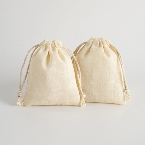Natural Cotton Linen Jewelry Pouch Drawstring Bag Small Storage Gift Packaging Plain Beige Simple Fabric Organizer