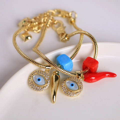 Evil Eye And Chili Pendant Snake Chain Bracelet 18K Gold Plated Copper Zircon Enamel Glass Charm Jewelry For Women