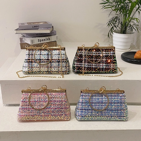 Pailletten Tweed Umhängetasche Damen Mit Strass Ringgriff Und Goldkette Für Abendparty Elegante Handtasche