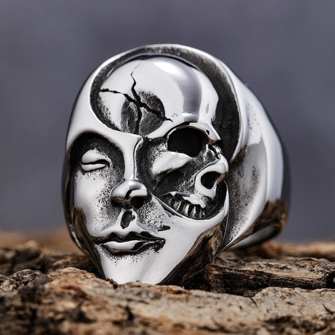 Gothic Split Face Skull Ring Stainless Steel Punk Mask Halloween Jewelry For Men Women Unique Artistic Metal Ornament