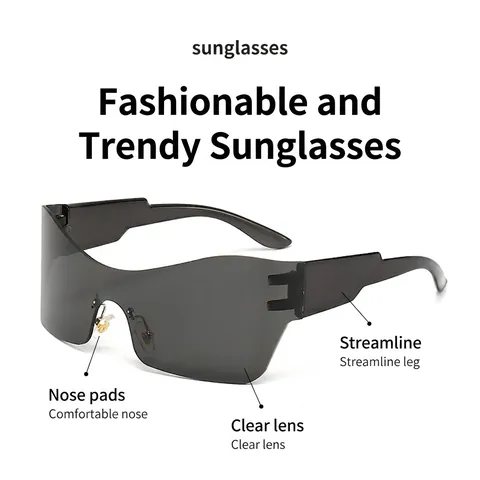 Rimless One Piece Shield Sunglasses PC UV400 Oversized Y2K Cyberpunk Eyewear For Outdoor Cycling Driving Women Men