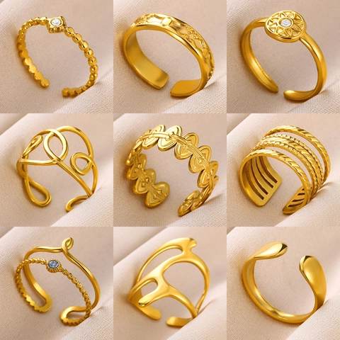 18K Gold Plated Stainless Steel Open Adjustable Rings Geometric Multi-layer Irregular Fashion Jewelry For Women