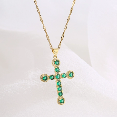 Kruis Hanger Ketting Koper 18K Verguld Smaragdgroen Zirkoon Boze Oog Religieuze Vintage Elegante Sieraden Voor Dames