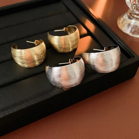 C Shaped Hoop Earrings Wide Chunky Brushed Metal Textured Statement Jewelry For Women With Silver Earring Post