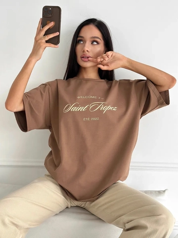 Damen Oversized Baumwolle T-Shirt Buchstaben Print Saint Tropez Vintage Drop Shoulder Rundhals Lässig Sommer Kurzarm Top