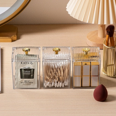 Transparente PET Aufbewahrungsbox Mit Goldener Kleeblatt Griff Staubdicht Desktop Organizer Für Wattestäbchen Lippenstift Schmuck