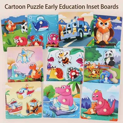 Wooden Peg Puzzle Montessori Early Learning Toy For Toddlers Baby Cartoon Animal Vehicle Shapes Cognitive Hand Grab Board