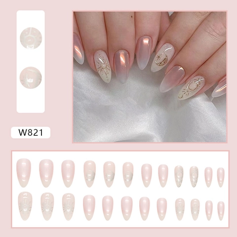 Almond Aurora Gradient Press On Nails Pink White Celestial Sun Moon Star Pattern Elegant Glossy False Nails For Women