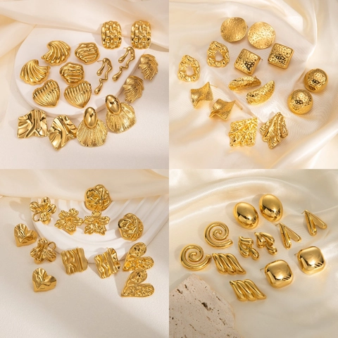 Stainless Steel Geometric Stud Earrings For Women Vintage Irregular Textured Wrinkled Metal Heart Shell Flower Spiral Jewelry