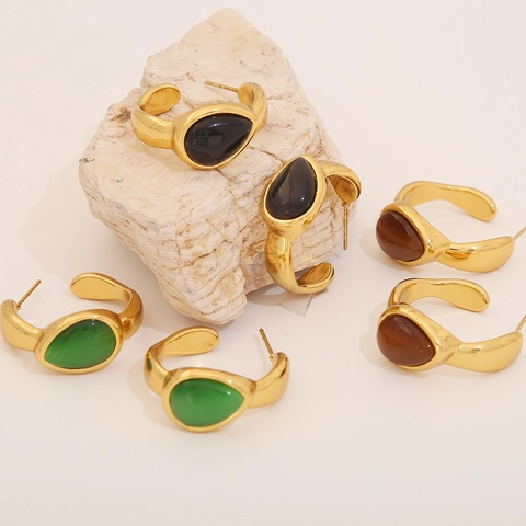 Stainless Steel Teardrop Cat Eye Stone C Shaped Hoop Earrings Retro Maillard Style Elegant Fashion For Women