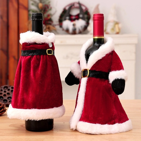 Christmas Wine Bottle Cover Velvet Knitted Faux Fur Santa Gnome Reindeer Design Table Party Decoration Holiday Gift