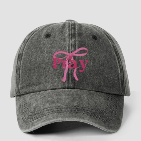 Gewassen Honkbalpet Met Pray Letter En Roze Strikprint Verstelbaar Retro Stijl Outdoor Hoed
