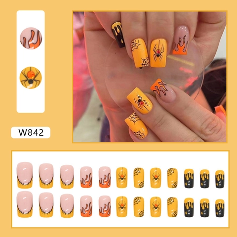 Halloween Press On Nails Long Coffin Shape Plastic Spider Web Flame Pattern Glue On False Nails For Women Party