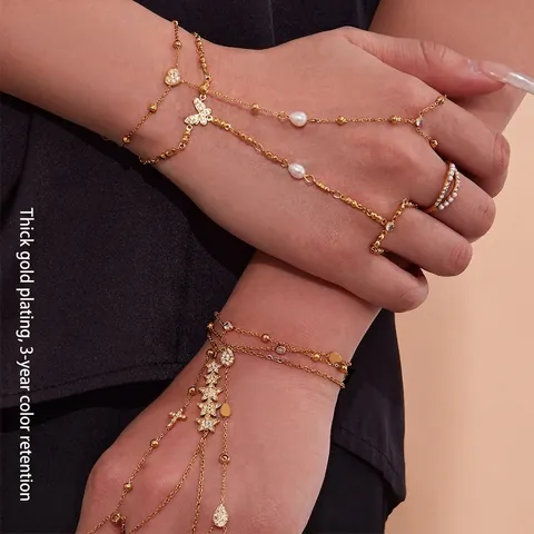 Stainless Steel Hand Harness Zircon Butterfly Star Cross Hand Chain Bracelet Ring Gold Plated Jewelry For Women