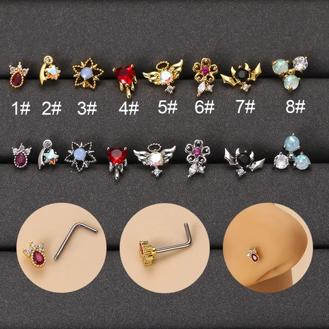 Piercing Naso A Forma Di L Gioielli In Acciaio Inossidabile Zircone Colorato Opale Cuore Stella Ali Moda Per Donna