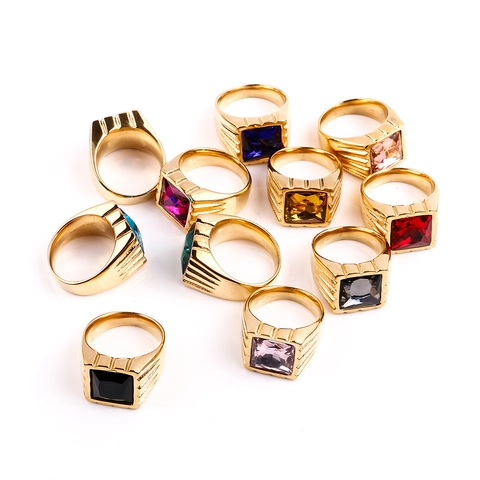 Vintage Men's Stainless Steel Ring With Square Rhinestone Inlaid Gold Black Punk Style Hip Hop Gemstone Band Ring Jewelry