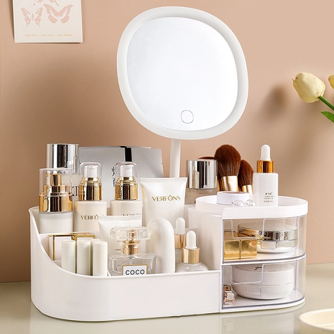 Plastik Make-up Organizer Box Transparente Schubladen Multi Gitter Desktop Kosmetik Aufbewahrung Spiegel