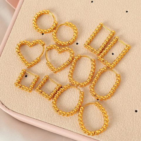 French Style Gold Beaded Geometric Hoop Earrings For Women Stainless Steel Round Heart Square Ear Buckles Fashion Jewelry