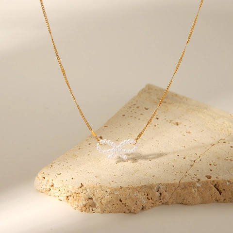Collar Con Colgante De Lazo Chapado En Oro De 18K Acero Inoxidable Perla Artificial De Imitación Joyería De Cadena Para Mujer