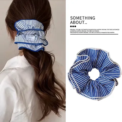 Large Striped Fabric Scrunchie Multi-Layer Pleated Hair Ties High Elastic Ponytail Holder Ruffle Accessories For Women