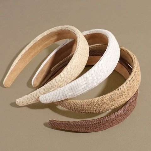 Handmade Straw Woven Headband Wide Brim Hair Hoop Retro Summer Style Breathable Headwear For Women Girls