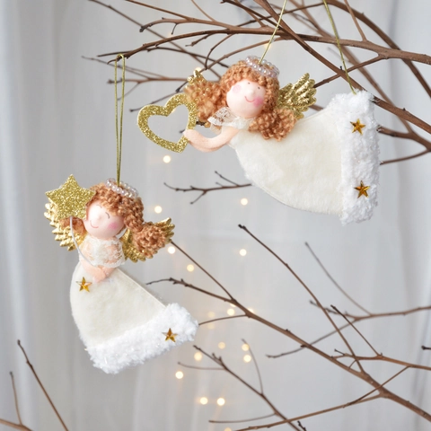 Christmas Angel Ornaments Plush Knit Dolls With Glitter Wings For Xmas Tree Hanging Decoration Nordic Style White Gold