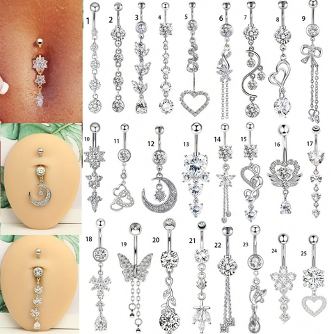 Belly Button Ring Stainless Steel Copper Navel Piercing Jewelry Dangle Heart Butterfly Moon Zircon Inlaid Elegant Silver