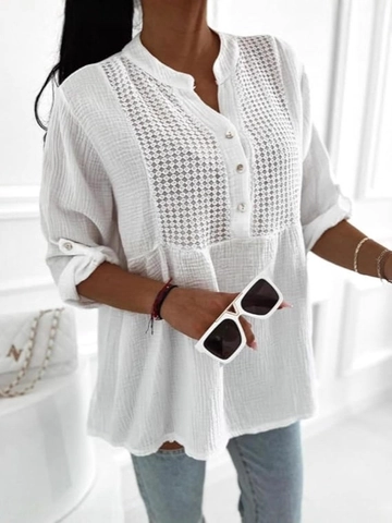 Dames Blouse Elegant Kant Patchwork V Hals Knoopsgat Losse Textuur Katoenmix Overhemd Lange Mouwen Tops