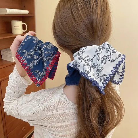 Vintage Floral Print Knotted Headband Wide Brim Cloth Hairband Contrasting Crochet Edge Elegant Hair Accessories Women