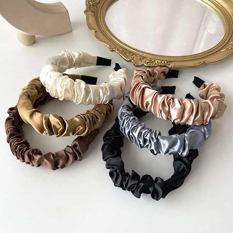Women Ruched Satin Headband Solid Color Glossy Pleated Scrunchie Hairband Nonslip Elegant Fashion Accessory