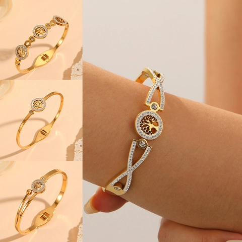Brazalete De Acero Inoxidable Chapado En Oro De 18K Árbol De La Vida Con Diamantes De Imitación Símbolo Infinito Mujer