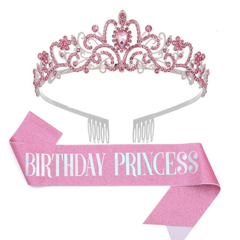 Birthday Princess Rhinestone Tiara Crown And Glitter Sash For Girls Women Sweet Birthday Party Decorations Accessories
