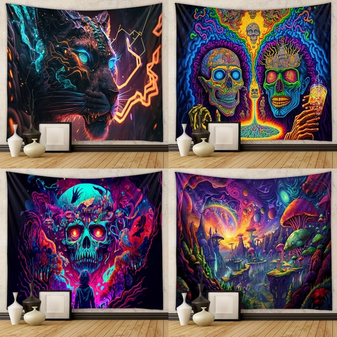 Tapiz Psicodélico Tapiz Pared Poliéster Hongo Calavera Arte Neón Decoración Hogar Para Dormitorio Sala Estar