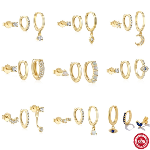925 Sterling Silver Earring Studs Huggie Hoops With Zirconia Opal Evil Eye Moon Star Motifs Elegant Jewelry For Women