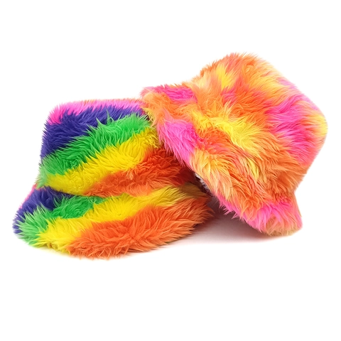 Dames Vissershoed Kunstbont Warm Winter Pluche Regenboog Tie Dye Schaakbord Outdoor Mode Zachte Hoed